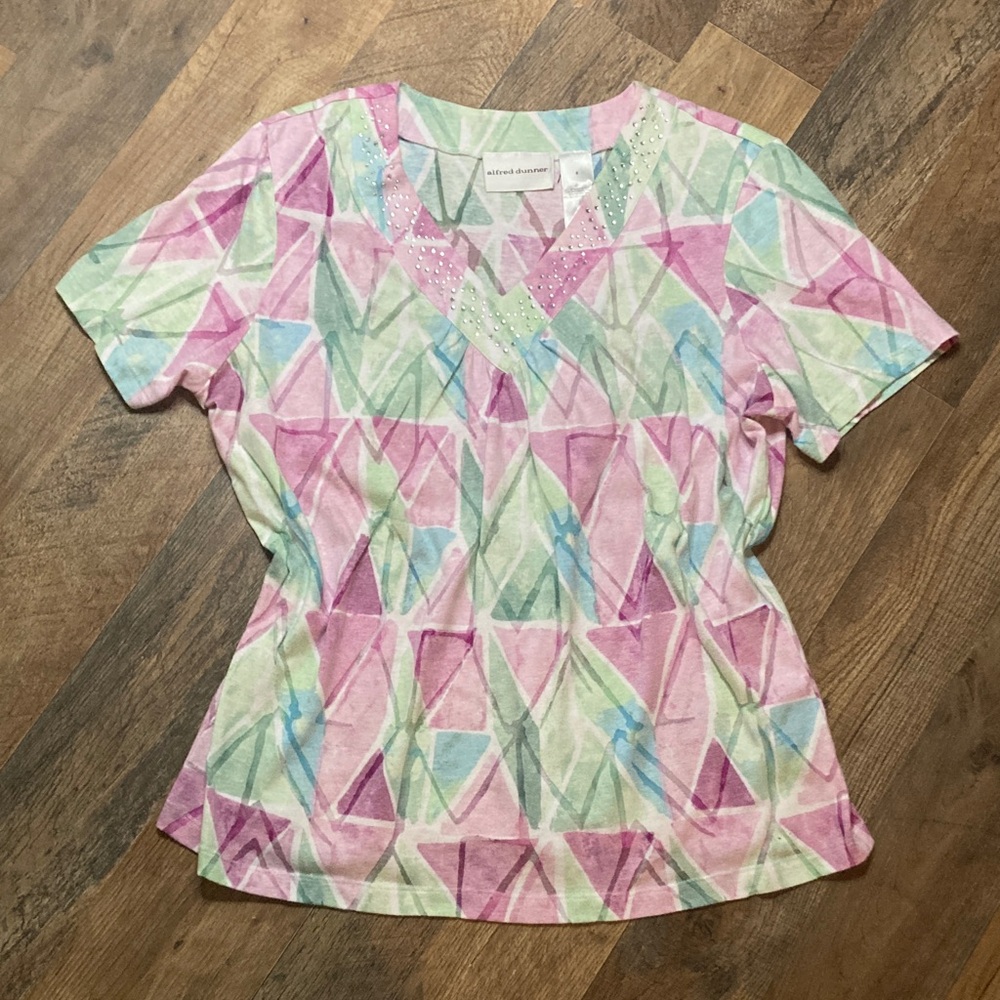 Alfred Dunner Pink and Green Geometric Tee